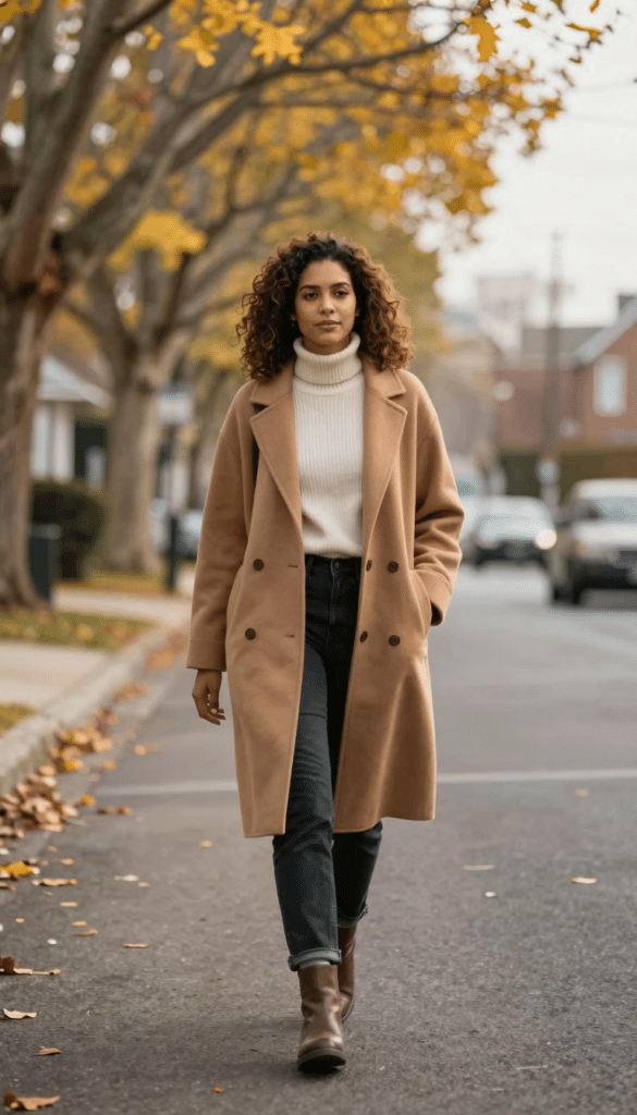 Woman walking on a tree-lined street in a camel-colored structured coat over a cream ribbed turtleneck and dark jeans, with dark ankle boots visible. Fall foliage frames the background.