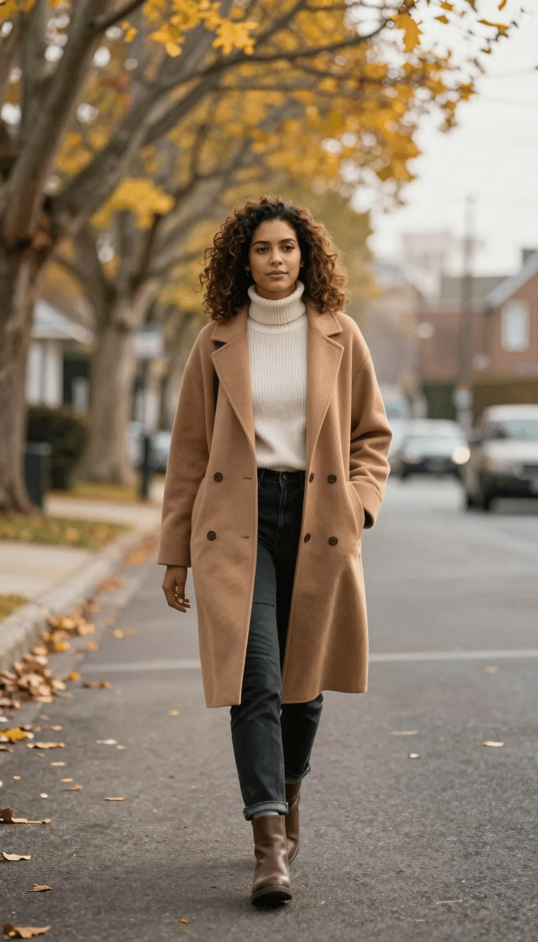 Woman walking on a tree-lined street in a camel-colored structured coat over a cream ribbed turtleneck and dark jeans, with dark ankle boots visible. Fall foliage frames the background.
