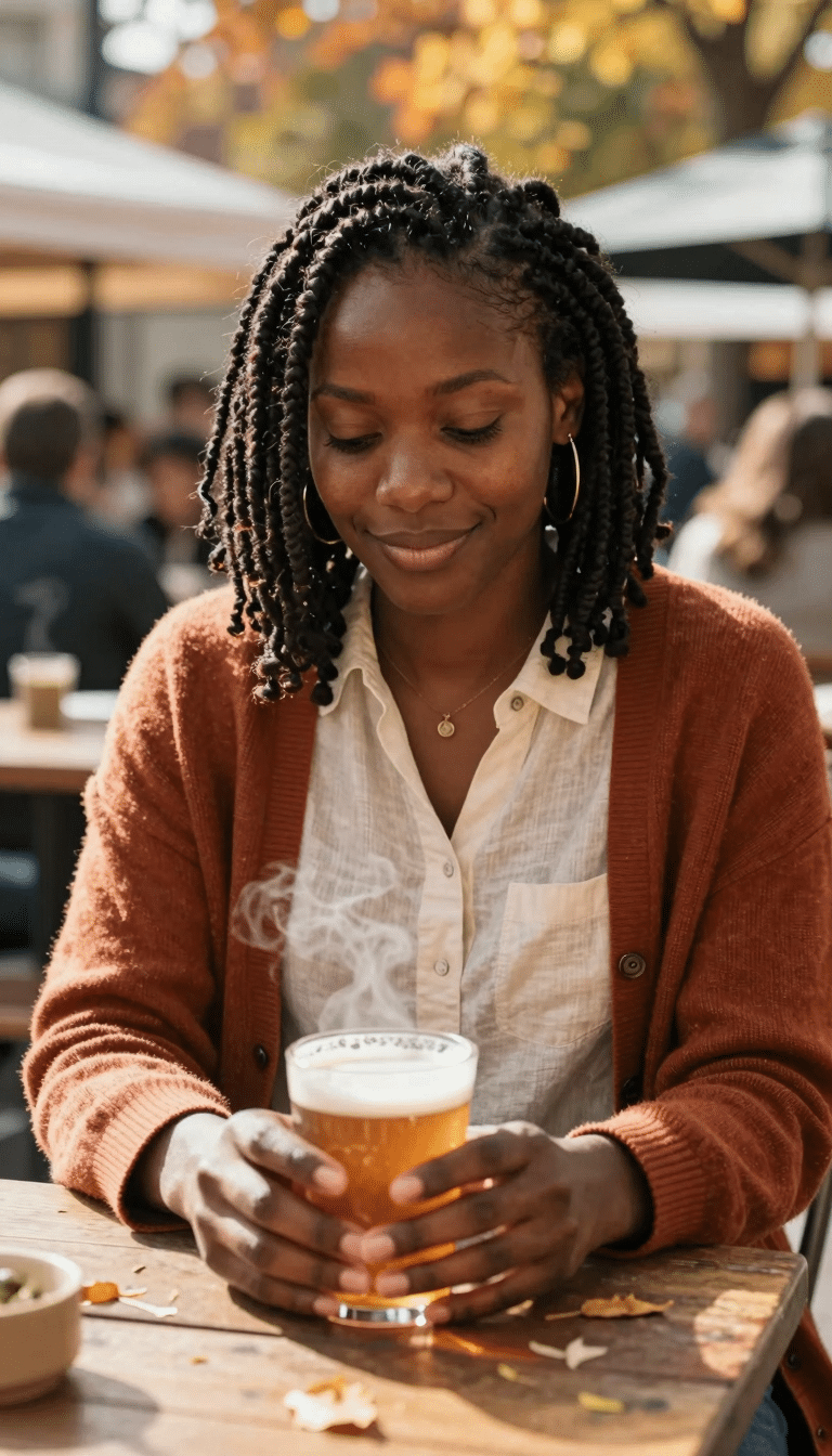 Woman at an outdoor market café wearing a rust-colored cardigan over a cream textured shirt, with her hands around a beverage. Afternoon light illuminates the table, with scattered fall leaves visible.