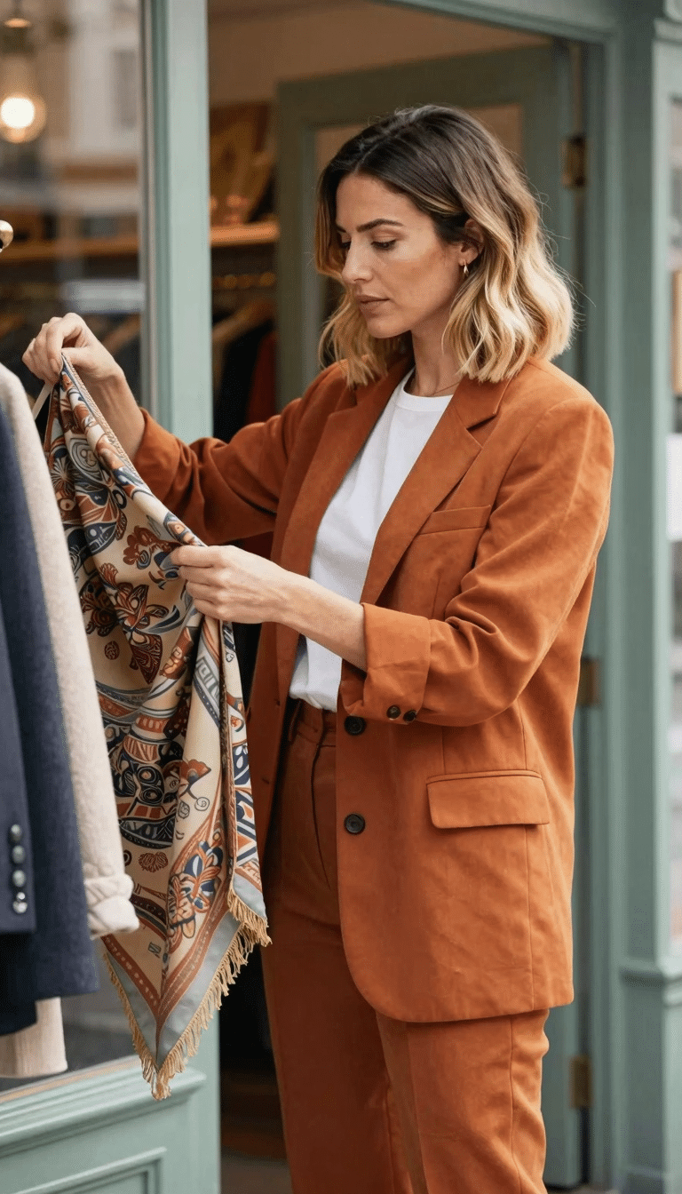 Woman in a boutique doorway wearing an oversized burnt-orange blazer with pushed-up sleeves over a white tee and tapered trousers, examining a patterned scarf she's holding.