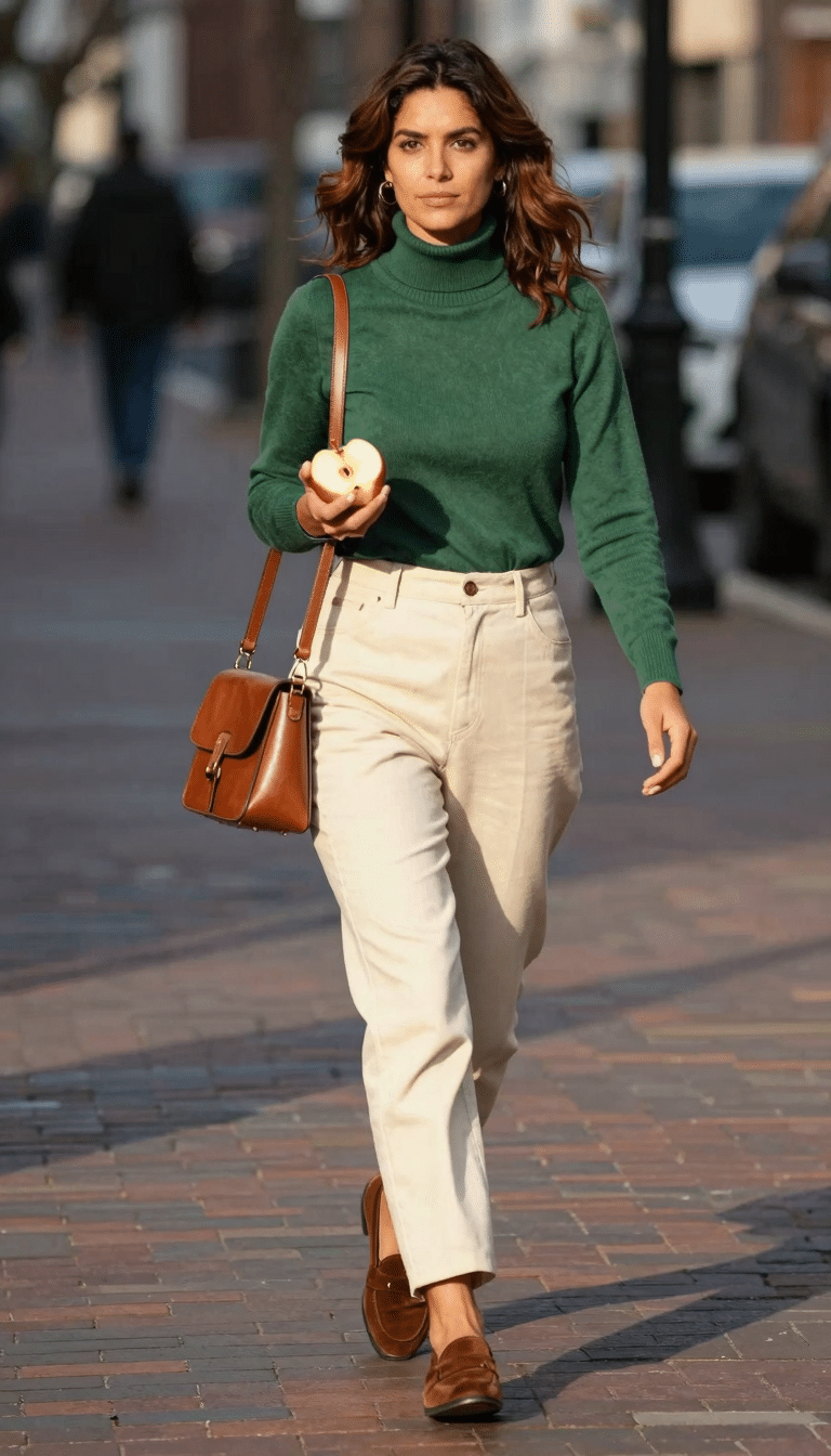 Woman walking on a brick-lined street wearing a fitted forest-green turtleneck tucked into high-waisted cream trousers, brown loafers, and carrying a leather crossbody bag.