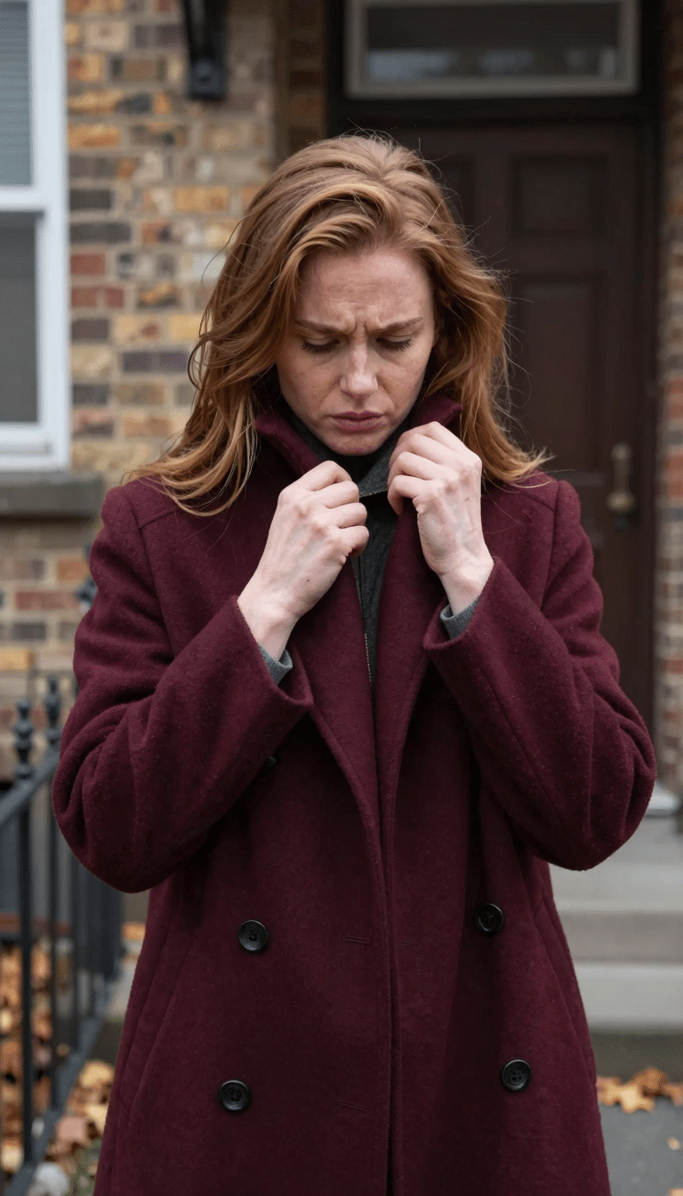Woman adjusting the collar of a burgundy structured coat over darker layers beneath, standing in front of a weathered brick building with fall foliage softly blurred behind her.