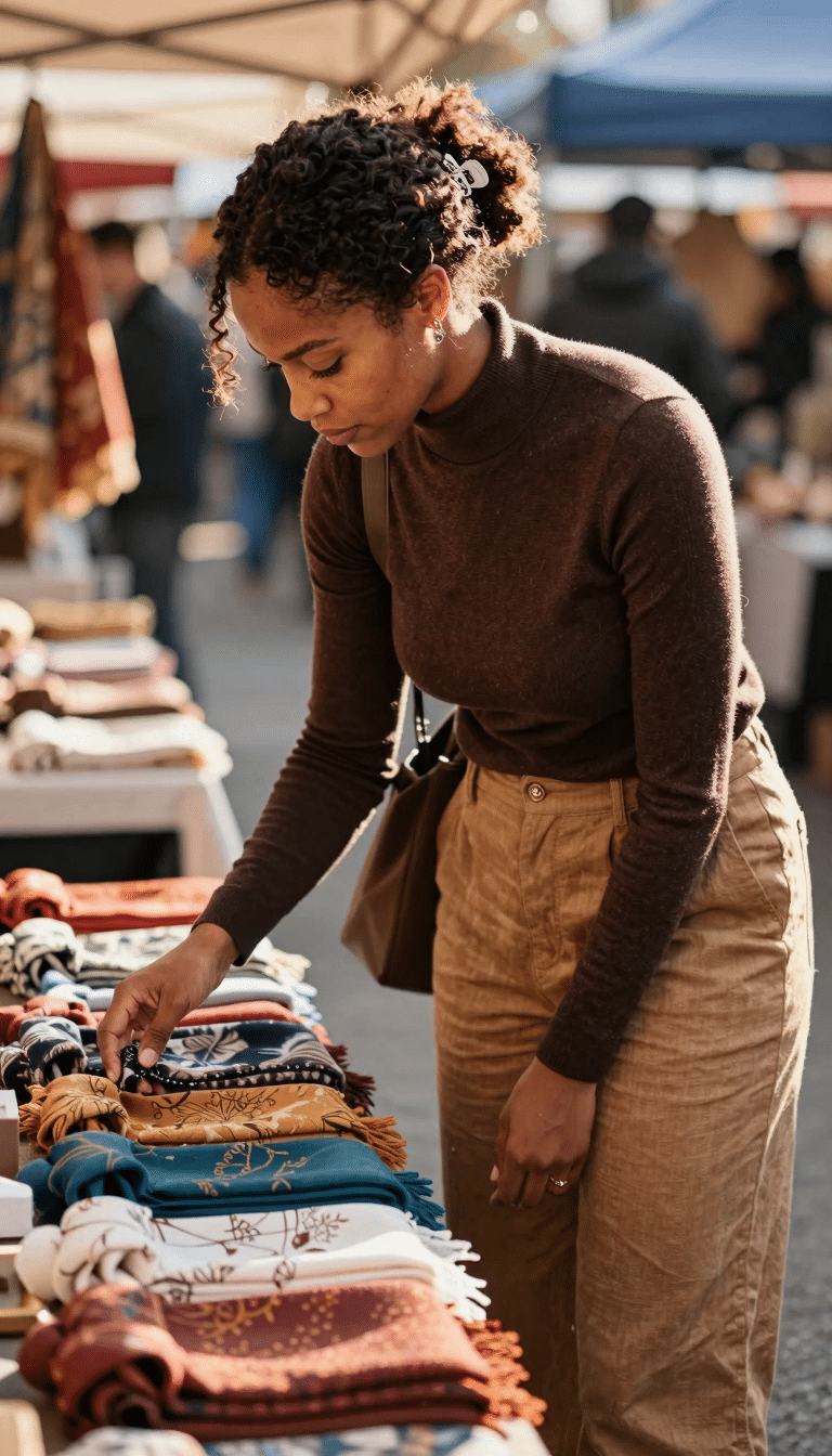 Woman bent slightly forward at an outdoor market stand, wearing a chocolate-brown fitted mock-neck sweater and camel-colored trousers, examining a collection of patterned scarves on display.