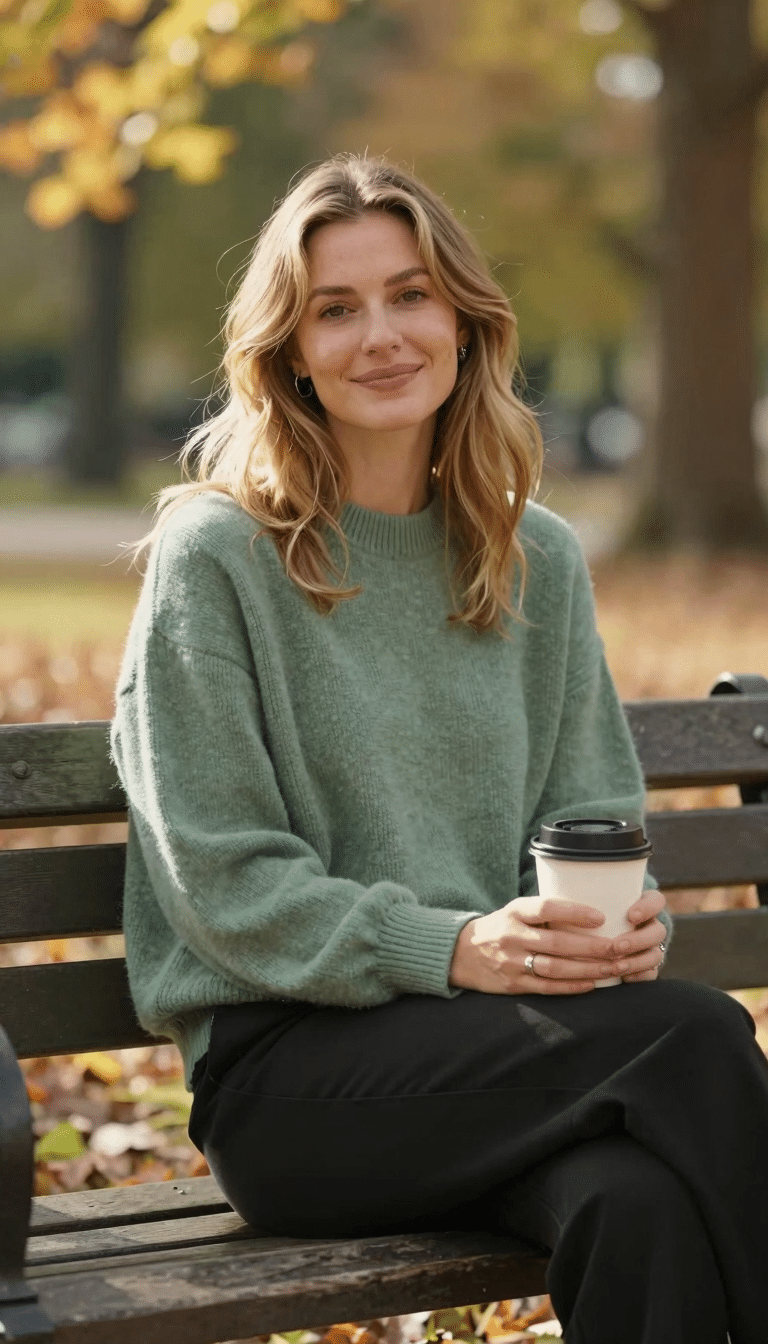 Woman sitting on a wood bench in a park, wearing a sage-green oversized sweater with a partial tuck on one side into black trousers, holding a coffee cup, with soft fall foliage blurred in the background.