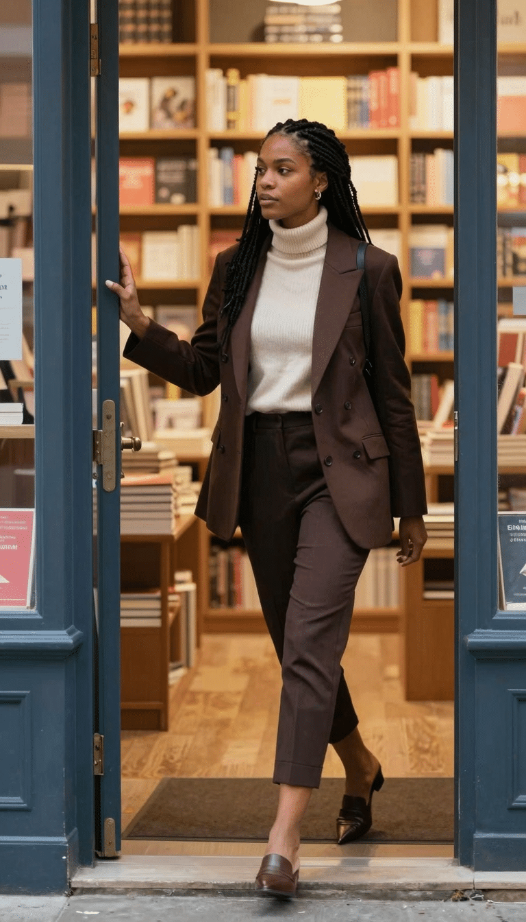 Woman crossing the threshold of a bookstore entrance, wearing a tailored chocolate blazer over a cream turtleneck and dark cropped trousers, with dark pointed-toe mules visible, reaching toward the door frame.