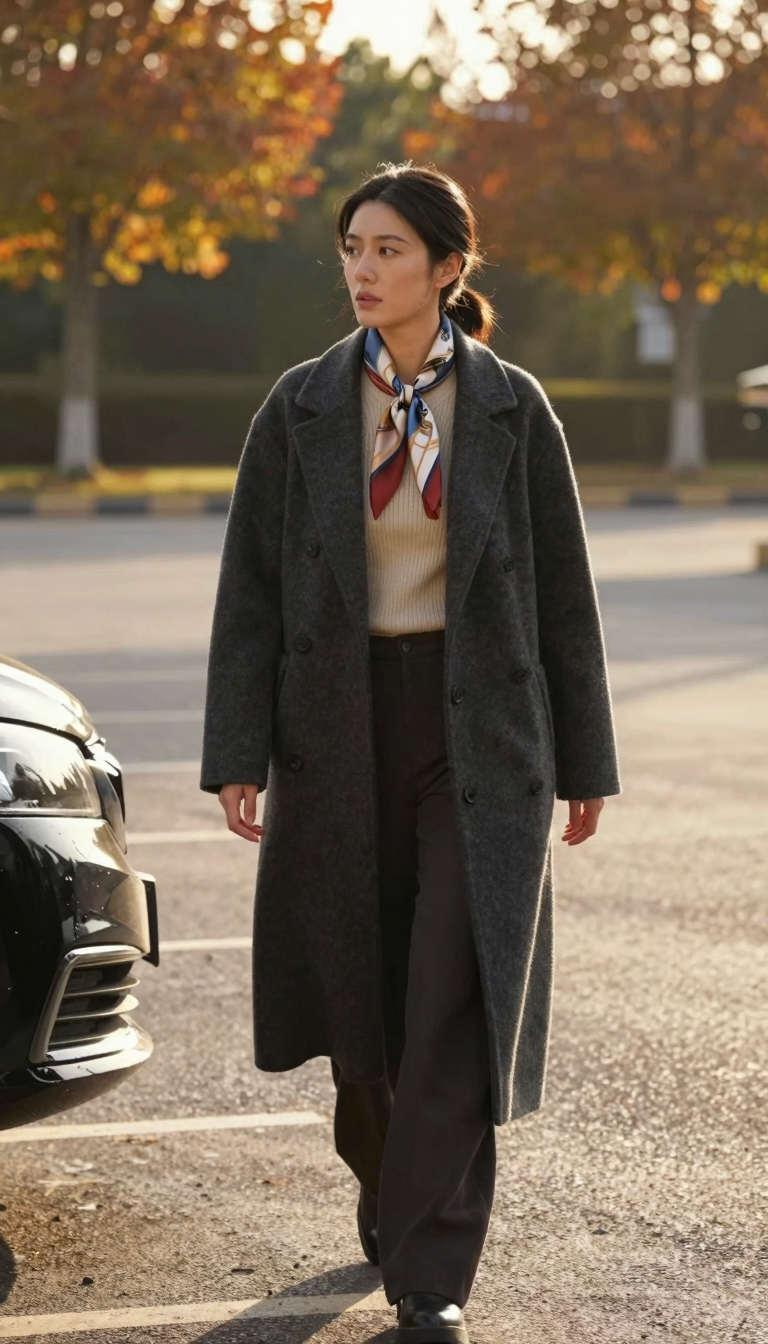 Woman standing in an open-air parking lot wearing a charcoal double-breasted coat worn open over a fitted ribbed knit, dark trousers, and a patterned scarf loosely tied at the neckline, with fall foliage visible in the background.