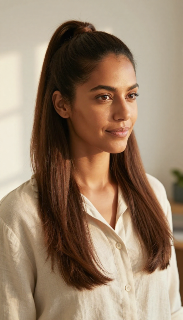 Woman with shoulder-length straight chocolate brown hair in a half-up style with a low centered ponytail, front-three-quarter view.