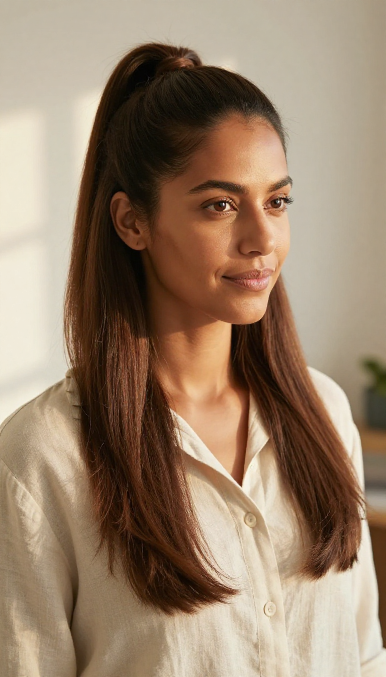 Woman with shoulder-length straight chocolate brown hair in a half-up style with a low centered ponytail, front-three-quarter view.
