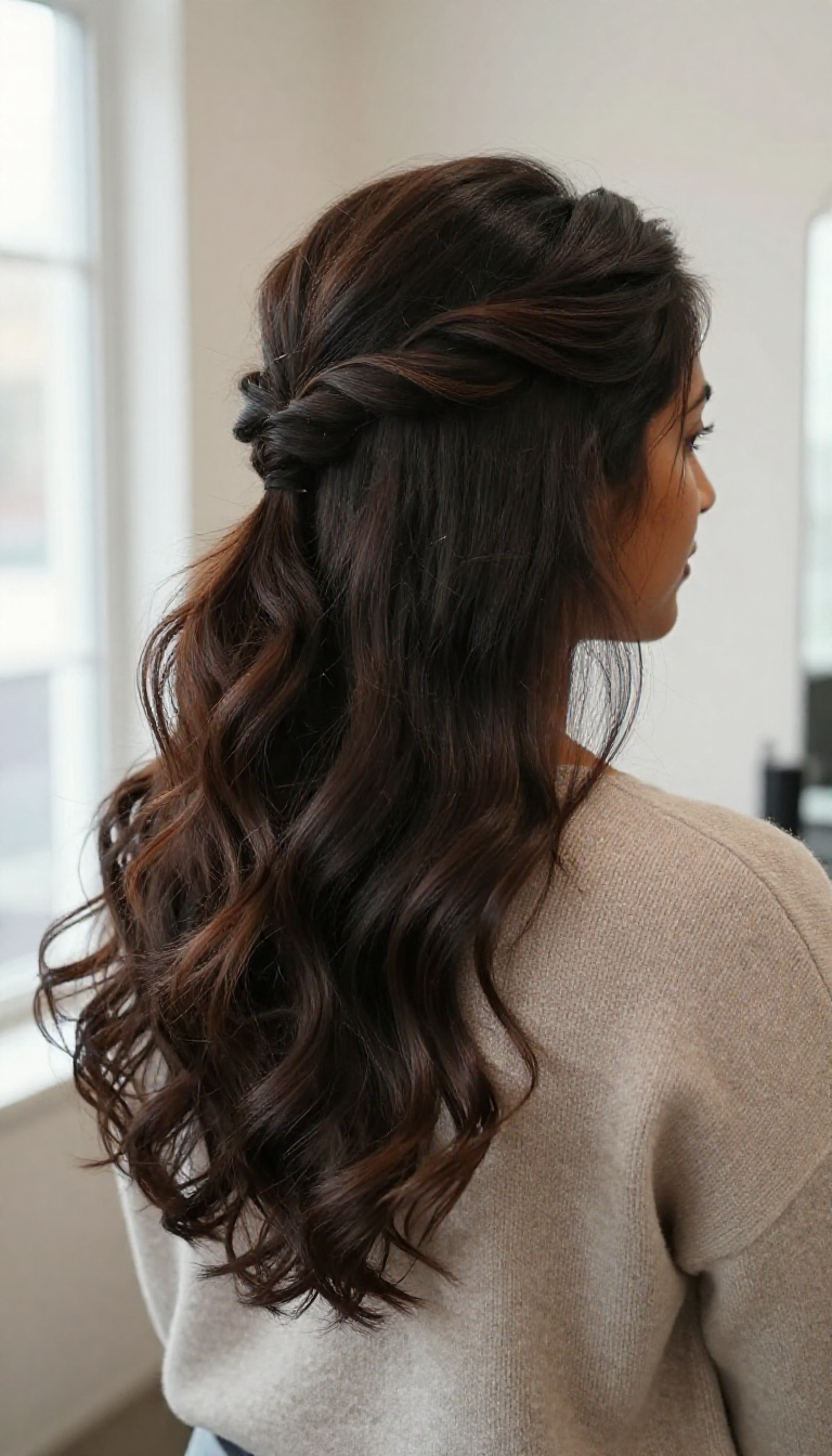 Woman with long wavy dark chocolate hair in a half-up style, twisted gently to one side with bobby pins, rear-three-quarter view.