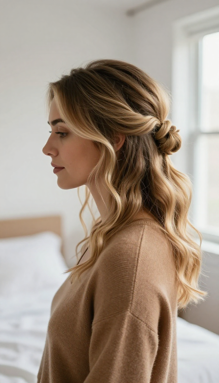 Woman with textured blonde waves in a half-up style with a low loose bun and delicate face-framing pieces, side profile view.