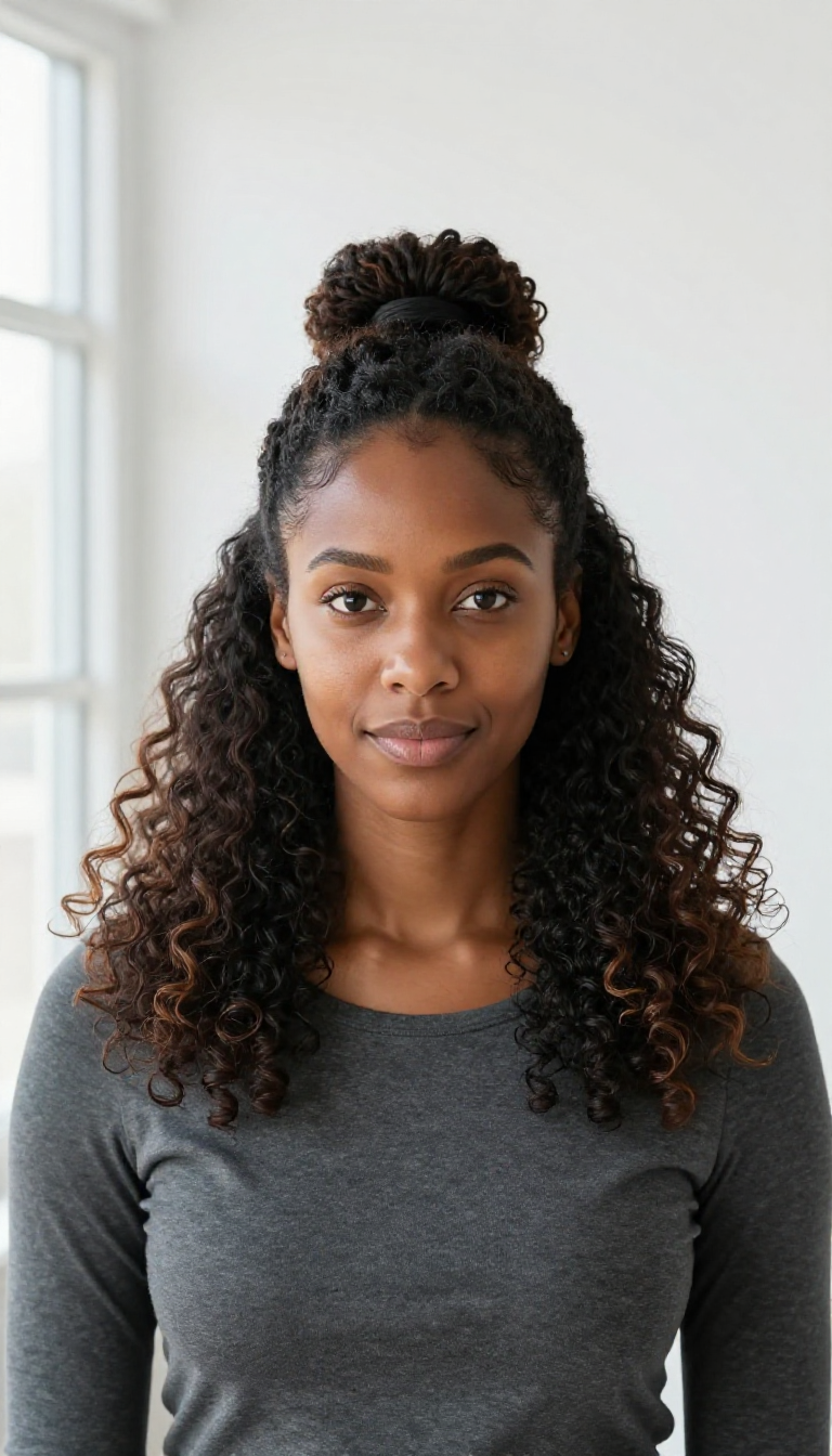 Black woman with full natural curly hair in a half-up style, sleek ponytail at crown with free curls below, front-facing view.