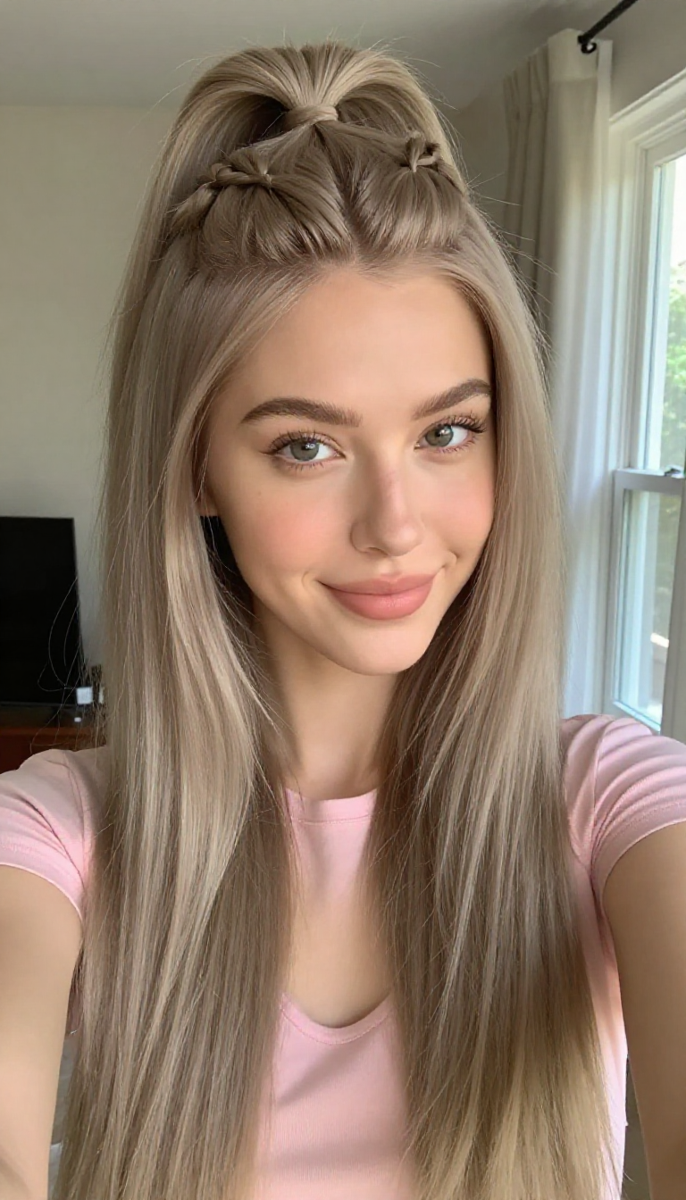 Woman with long straight ash blonde hair in a half-up style with two delicate temple twists secured at back, direct selfie angle.